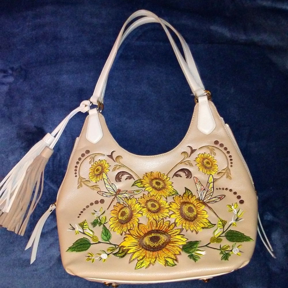 Sharif Embroidered SUNFLOWERS Dragonfly Full Grain